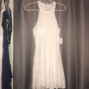 High neck white lace skater dress